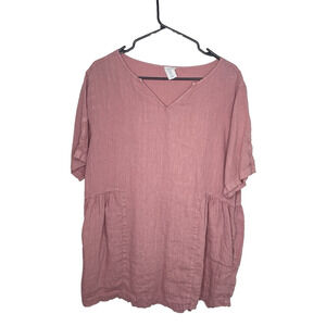 Linen Womens Blouse Size L Short Sleeve Oversized Pink Boxy Top Boho Coastal